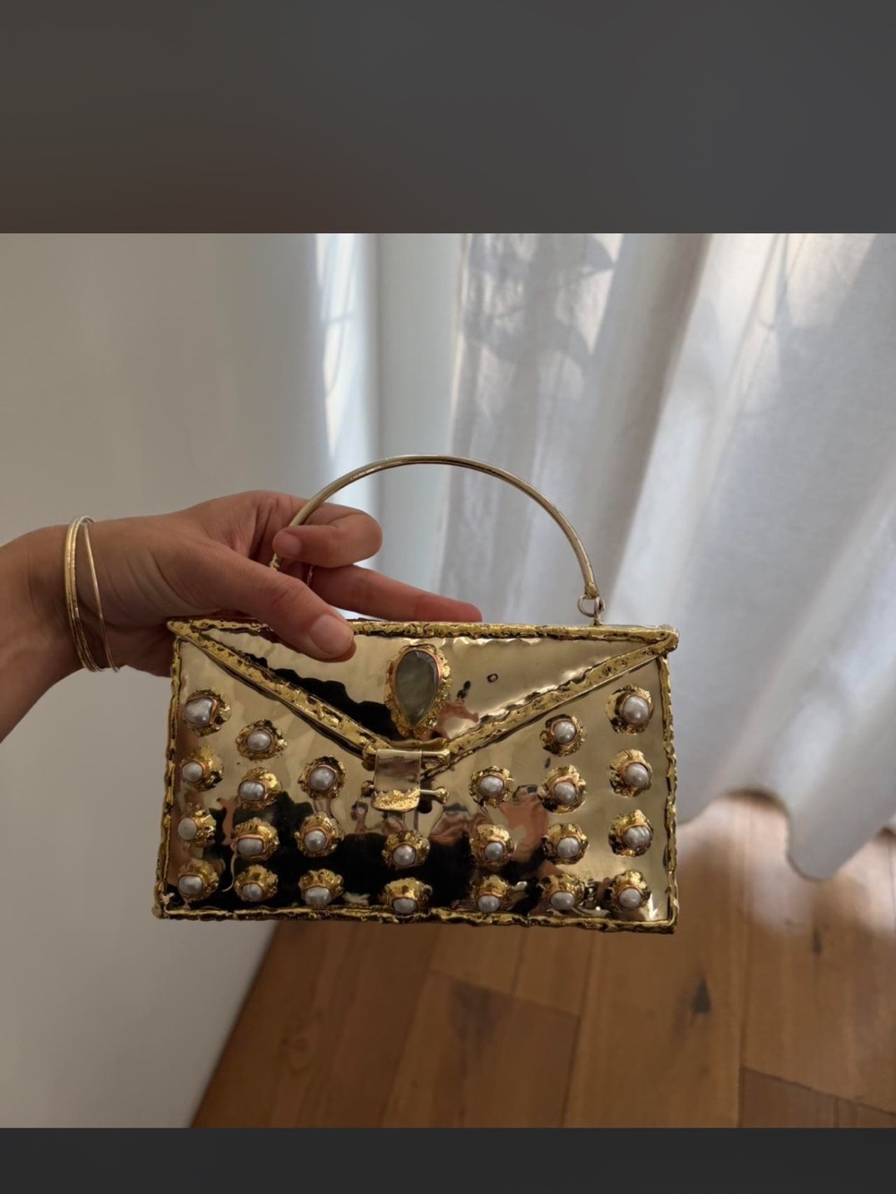 Gold Pearl-Embellished Evening Handbag